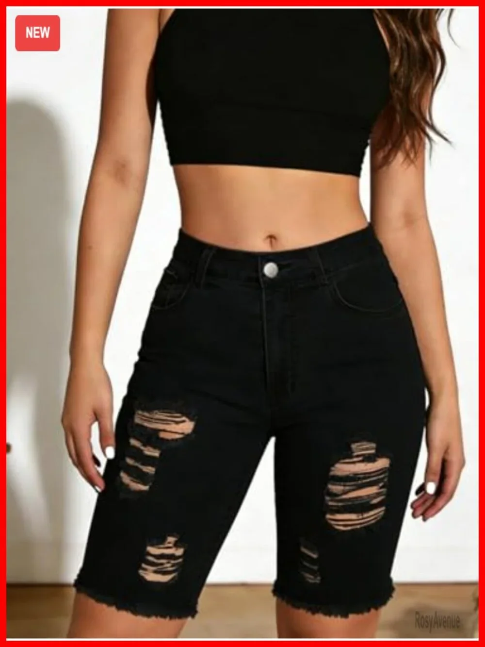 Distressed Knee Length Ripped Stretchy Bermuda Jean Shorts
